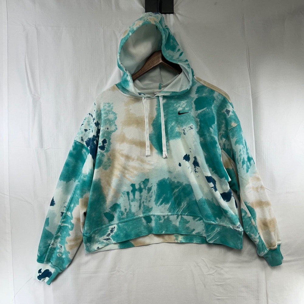 Nike Hoodie Womens M Teal Tan Tie Dye Cropped Pullover DR8155-382